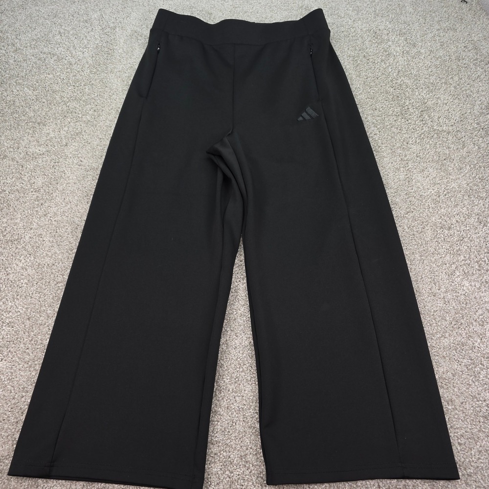 New Adidas Womens Black Wide Leg Track Pants Zipper Pockets Size L Large NWOT